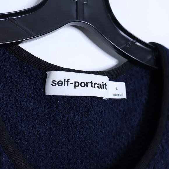 SELF-PORTRAIT Weave Knit Mini Dress Navy Tweed Metallic Long Sleeve Women's L - Picture 12 of 15